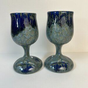 Vintage Doug Wylie Whale Tail Goblets Set of 2 Blue Ceramic Glazed Pottery Art